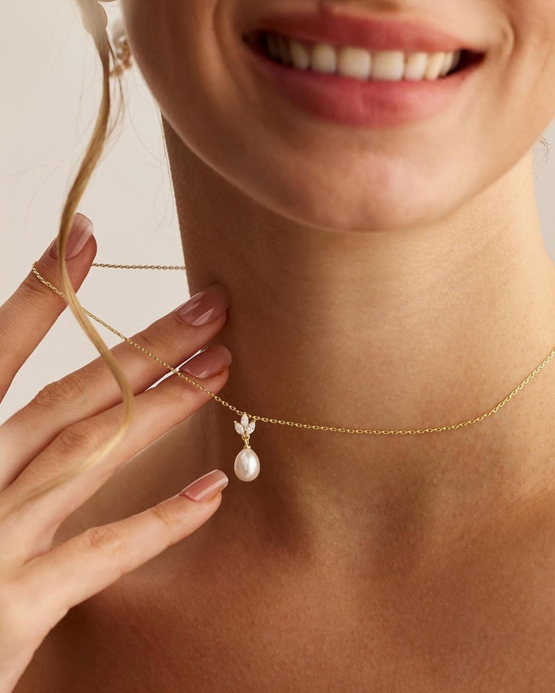 VRIUA Pearl Necklaces for Women - 14k Gold Plated Dainty Pearl Necklace with CZ Diamond Minimalist Wedding Bridal Jewelry Gift for Her - Image 4